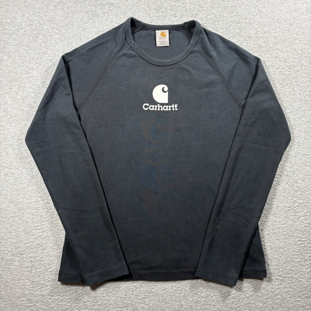 VTG 2007 Carhartt Center Logo Long Sleeve Shirt Womens L Faded Black Y2K Work - Picture 1 of 7